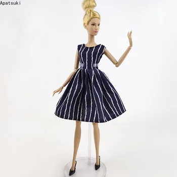 Черное платье в вертикальную полоску для куклы Барби, одежда, модные простые платья, Обувь, аксессуары для кукольного домика 1/6, игрушки для девочек