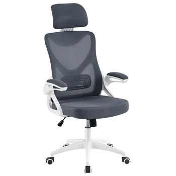 Эргономичный офисный стул SmileMart из сетки с высокой спинкой и регулируемым мягким подголовником, белый/серый