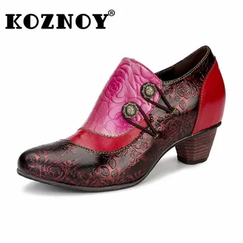 Этнический принт Koznoy 4 см, Новые Летние осенние женские туфли большого размера, модные разноцветные туфли из натуральной кожи на массивном каблуке в британском стиле