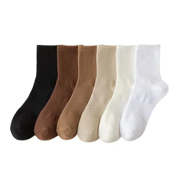 Японский эргономичный дизайн, свободные однотонные женские носки средней длины на осень-зиму, теплые хлопчатобумажные носки в полоску для студентов колледжа