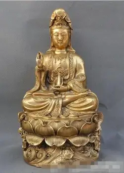 15-дюймовая китайская буддийская латунная ваза с лотосом, статуя богини Квань-Инь Гуаньинь