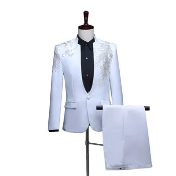 2023, мужские белые костюмы из двух частей с воротником-стойкой и аппликацией для выпускного вечера, свадебной церемонии награждения, синий, красный, фиолетовый жакет