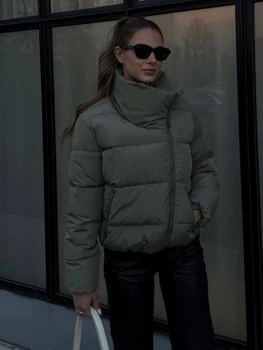 2023 Осень-Зима, Толстые короткие женские куртки с длинным рукавом, повседневная водолазка на молнии, Свободные теплые женские пальто, Черно-зеленые куртки