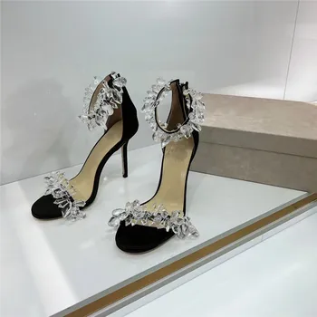 2023New Женские туфли на высоком каблуке с кристаллами; Свадебные туфли в виде ледяного цветка; Босоножки на высоком каблуке со стразами на тонком каблуке в сказочном стиле в одну линию