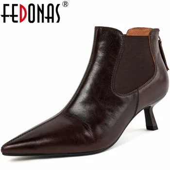FEDONAS, Осенне-зимние женские ботильоны на тонком высоком каблуке, острый носок, Офисная женская обувь из натуральной кожи для зрелых, ретро стиль