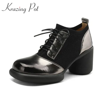 Krazing Pot, натуральная кожа, платформа с толстым дном, Большой размер 41, Осенняя шнуровка, круглый носок, Толстые высокие каблуки, Элегантные Женские туфли-лодочки