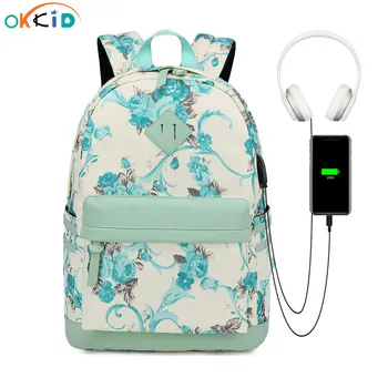 OKKID цветочный рюкзак школьные сумки для девочек-подростков студенческий рюкзак USB-порт разъем для наушников дорожный рюкзак для девочек цветочный школьный рюкзак