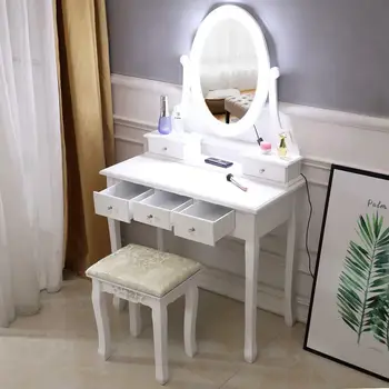 Белое зеркало с подсветкой на 10 светодиодов, туалетный столик для макияжа, туалетный столик с 5 ящиками, дерево для мебели для спальни