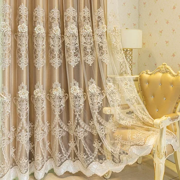 Вышитая двухслойная занавеска в европейском стиле из высококачественной ткани и тюля, интегрированная в роскошную гостиную, спальню