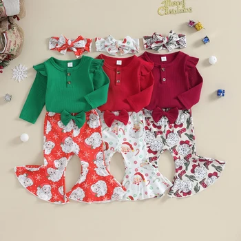 Для мамы и ребенка 0-18 м, Рождественская одежда для новорожденных Девочек, комбинезон с длинным рукавом, расклешенные брюки с принтом Санты, повязка на голову, Рождественский наряд D05