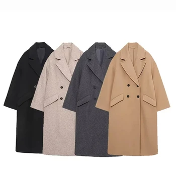 Женские осенне-зимние толстые длинные пальто, винтажные куртки с V-образным вырезом и карманами с длинным рукавом, мода 2023, элегантные женские пальто, универсальные