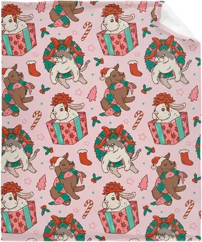 Животные Рождественские Кошки Собаки Кролики Милое Розовое одеяло с принтом Мягкий Легкий Теплый Уютный Плюш для спальни Постельное Белье Диван