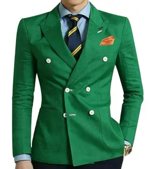 Зеленые двубортные смокинги для женихов с остроконечными лацканами, мужские деловые костюмы, пальто для выпускного вечера, блейзер, брюки, комплекты одежды (пиджак + брюки)