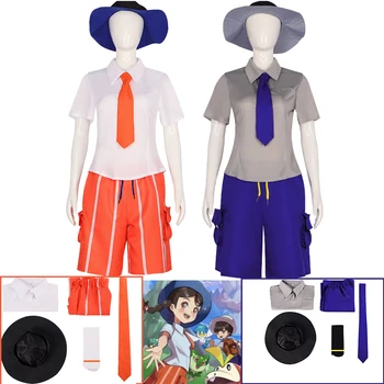 Игры, покемоны, Алая и фиолетовая одежда для косплея, шляпа, школьная форма в стиле колледжа, рубашка, Синие шорты, Комплект шорт в оранжевую полоску