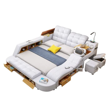 Каркас многофункциональной массажной кровати из натуральной кожи Nordic Tatami Camas Ultimate Bed Tech Умные кровати со звуком Bluetooth Светодиодная лампа