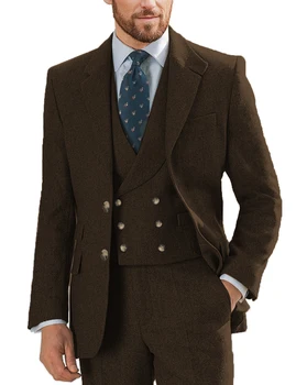 Классические мужские костюмы Regular Fit, 3 предмета, Твидовый двубортный пиджак в елочку + жилет + брюки для женихов на свадьбе