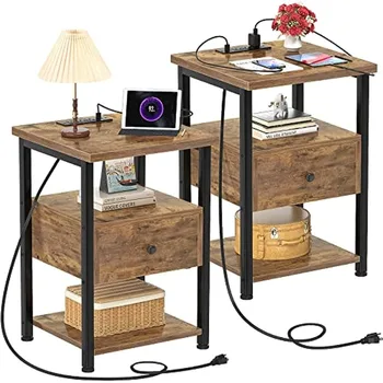 Комплект из 2 тумбочек с зарядной станцией, приставной столик, прикроватная тумбочка с USB-портом, Современные тумбочки с выдвижными ящиками, полка для хранения