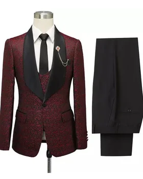 Комплекты мужских костюмов из бордовой ткани, 3 шт., свадебный жакет с воротником-шалью для жениха, черные брюки, жилет, приталенные комплекты мужских костюмов,
