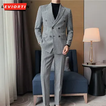 (Костюм + брюки) Осенний Новый мужской модный бренд, высококачественный деловой костюм, клетчатый приталенный двубортный свадебный костюм