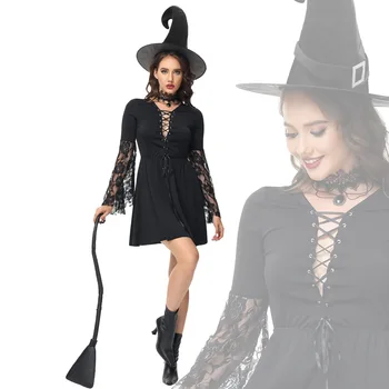 Костюм Ведьмы для косплея на Хэллоуин, черное Кружевное платье с вырезом для взрослых, костюм Ведьмы