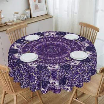 Круглая королевская фиолетовая скатерть в виде мандалы, водонепроницаемая скатерть 60 дюймов, крышка стола для кухни