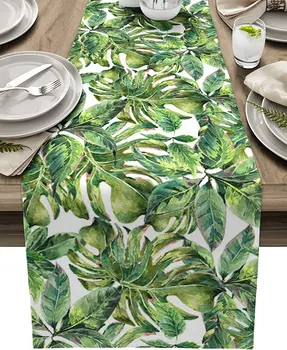 Летние Листья тропических растений, льняные скатерти, декор для праздничной вечеринки, бегунки для обеденного стола в помещении, украшения свадебного стола