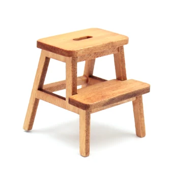 Миниатюрный табурет-стремянка 1/12, деревянная скамеечка для ног, двухслойный табурет для удержания стула, цвет дерева