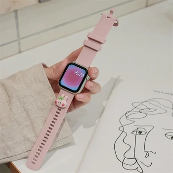 Мультяшный Милый Розовый ремешок с Кроликом Для Apple Watch Band 49 мм 41 мм 45 40 44 мм 38 42 Для iwatch Series 8 7 SE 6 5 Силиконовый ремешок Correa
