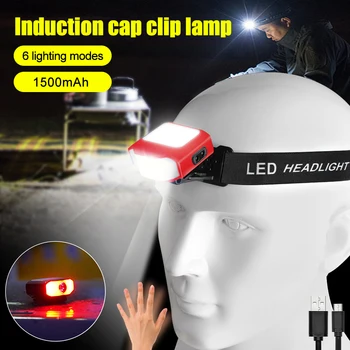 Налобный фонарь со светодиодным датчиком, индукционный колпачок, USB-аккумуляторная лампа для крепления шляпы и шлема, 6 режимов с красной сигнальной лампочкой для рыбалки и кемпинга
