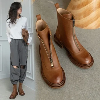 Новая зимняя обувь, женская обувь с круглым носком, женская обувь на толстом каблуке, сапоги из спилка, женские короткие ботинки на молнии, женские дизайнерские ботинки