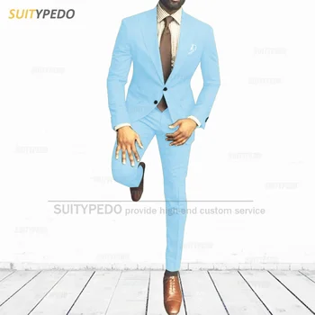 Новейшие небесно-голубые комплекты официальных мужских костюмов для свадебной вечеринки, приталенный блейзер, брюки, 2 предмета, Вечерний выпускной, повседневная куртка для джентльменов.