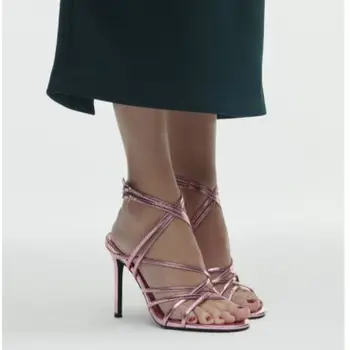 Новый стиль, женские босоножки большого размера на очень высоком каблуке-шпильке с круглым носком и перекрестной односложной пряжкой сзади, розовый, синий