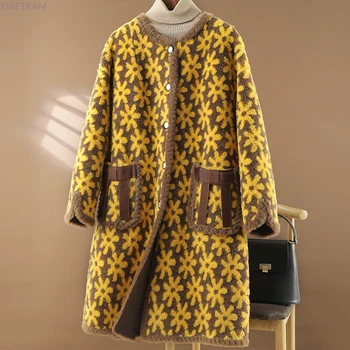 Пальто из 100% шерсти для женщин 2023, Осенне-зимнее однобортное пальто для стрижки овец, Женские шерстяные куртки, меховая куртка средней длины Casaco