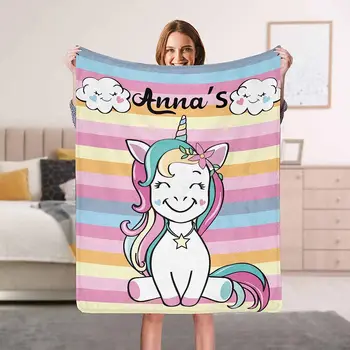 Персонализированное флисовое одеяло с единорогом для детей - Для мальчиков и девочек, для малышей, для младенцев, одеяла для кровати с пользовательским текстом