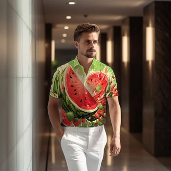 Повседневная мужская рубашка на открытом воздухе, освежающая летняя рубашка с 3D-принтом в виде арбуза, рубашка для офисной вечеринки, Свободная удобная рубашка