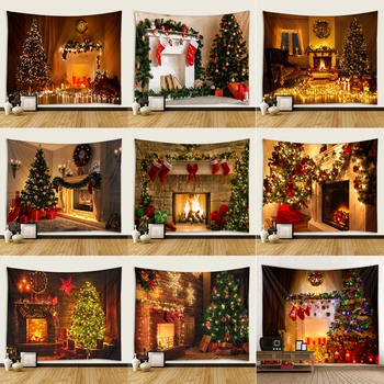 Рождественская елка подарок украшение камин принт узор гобелен главная гостиная спальня украшение стен гобеленом