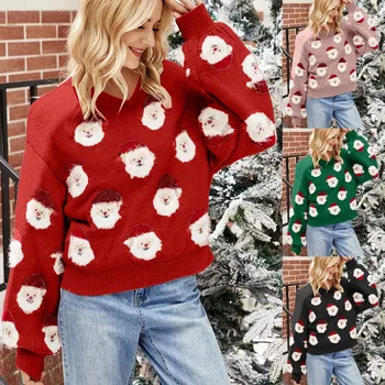 Рождественские повседневные топы для женщин, пуловер с длинным рукавом, Милый пушистый узор Санта-Клауса, Круглый вырез, Свободные свитера