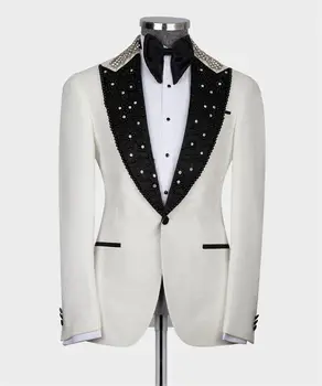 Роскошный свадебный смокинг, костюмы жениха, приталенный блейзер с кристаллами и жемчугом, жилет, брюки, полный мужской костюм на заказ.