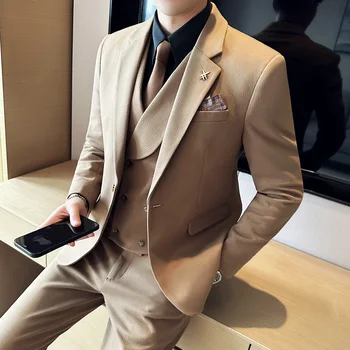 Свадебный костюм для отдыха на одной пуговице M-5XL (костюм + жилет + брюки)  Новый мужской высококачественный тонкий однотонный костюм из трех предметов
