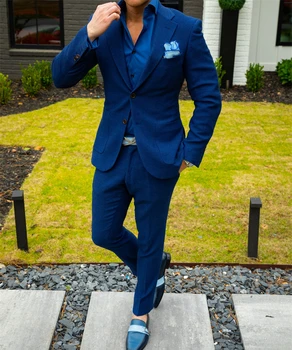 Темно-синие Элегантные костюмы для мужчин, 2 шт., Блейзер, брюки, Приталенная Деловая одежда, Индивидуальный мужской костюм для официальной свадьбы