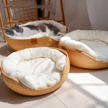 Удобная Четырехсезонная кровать для домашних животных, питомник для кошек, кровати для щенков, Диван, Бамбуковое плетение ручной работы, Уютное гнездышко для кошек, аксессуары для домашних животных