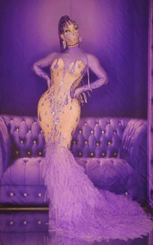 Фиолетовый длинный хвост со стразами, вечернее платье, блестящий кристалл, женская певица, танцовщица, ведущий, сценический костюм для вечеринки по случаю дня рождения.