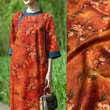 Элегантная ткань из шелка и спандекса 25 мм для платья Cheongsam Шириной 118 см, Красно-коричневая Шелковая Ткань с Цветочным Принтом D1256